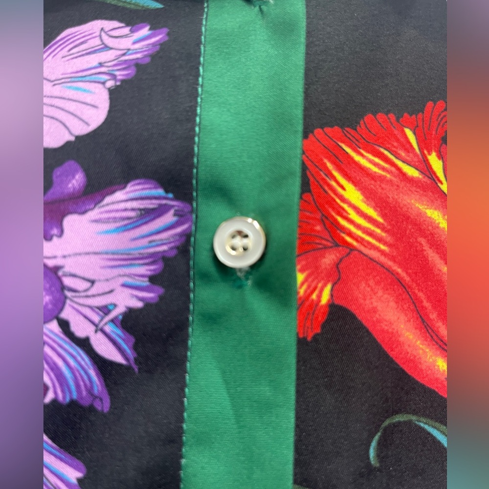 Black Floral Midi Shirt Dress with Green Trim - Picture 7 of 16
